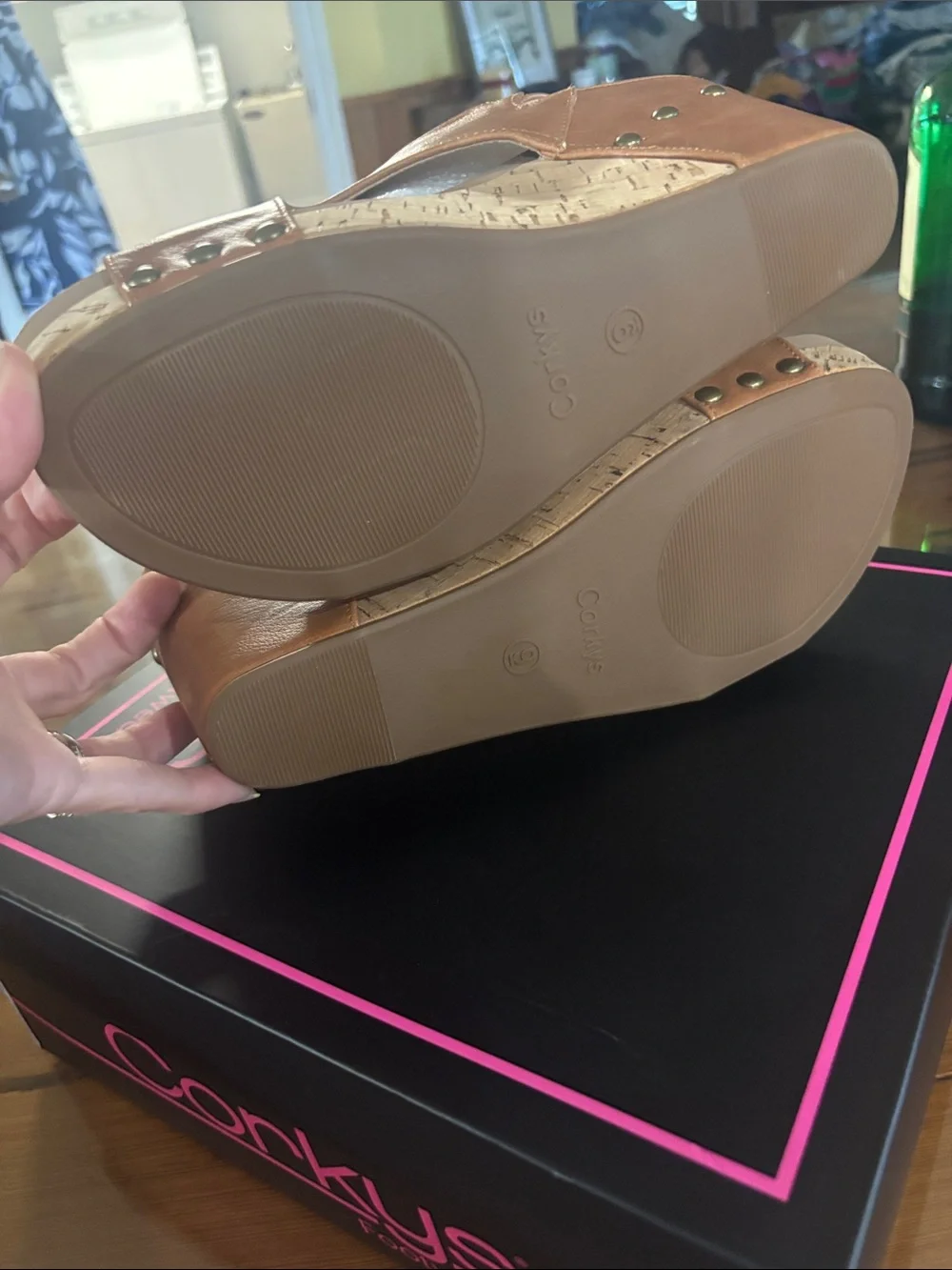 Corkys Cognac Wedge Sandals with Stud Details Tiffanee 9